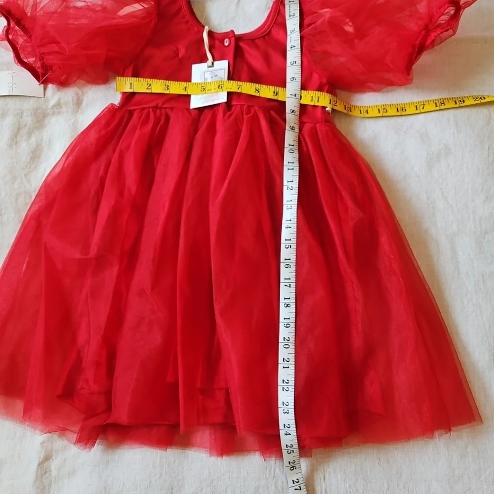 Jessica Simpson Flower Girl Red Tulle Dress Puff Sleeves Rhinestones Accent 6X